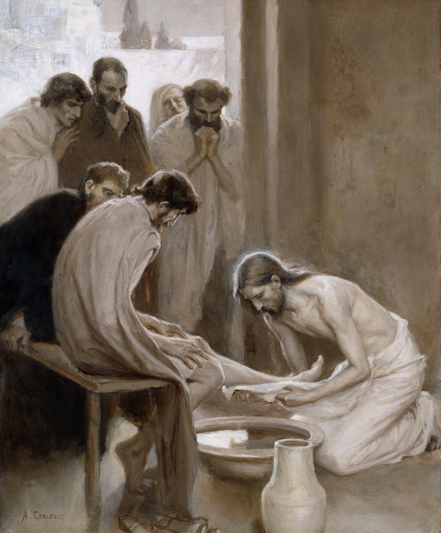 Jesus lavando os pés de seus discípulos - Albert Edelfelt