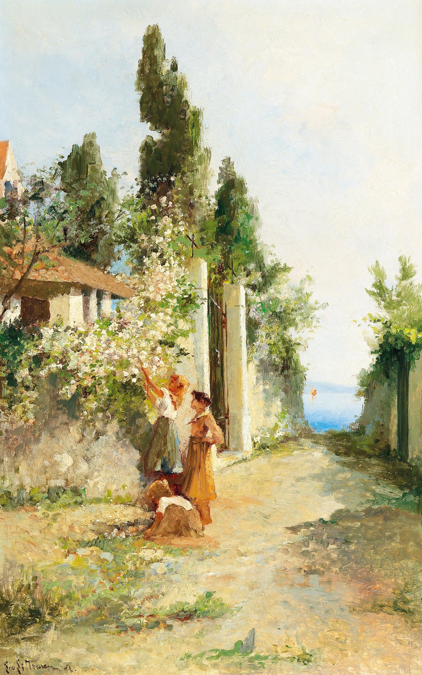 Três garotas colhendo rosas - Leontine von Littrow