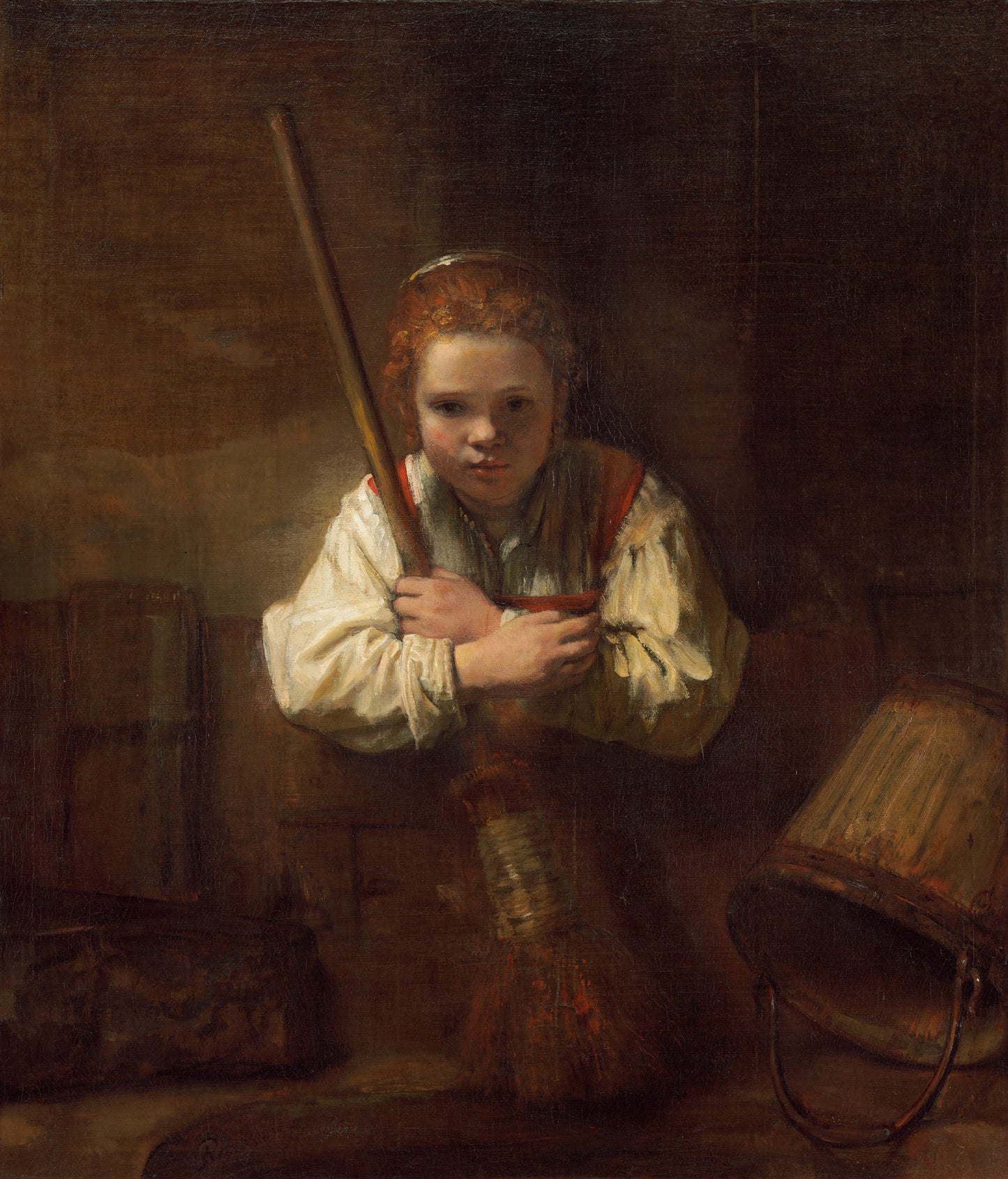 Uma menina com uma vassoura - Oficina Rembrandt, Carel Fabritius