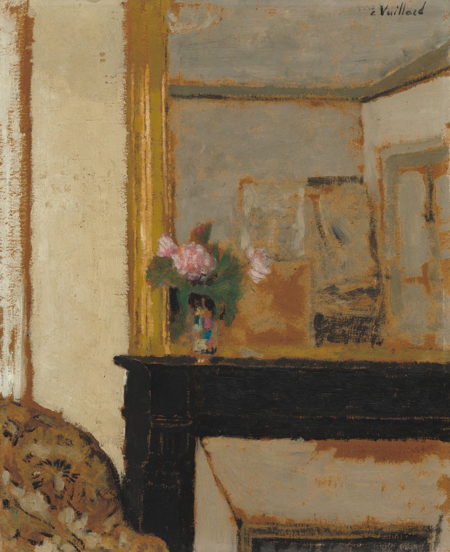 Caneca com vaso de flores sobre lareira - Edouard Vuillard.