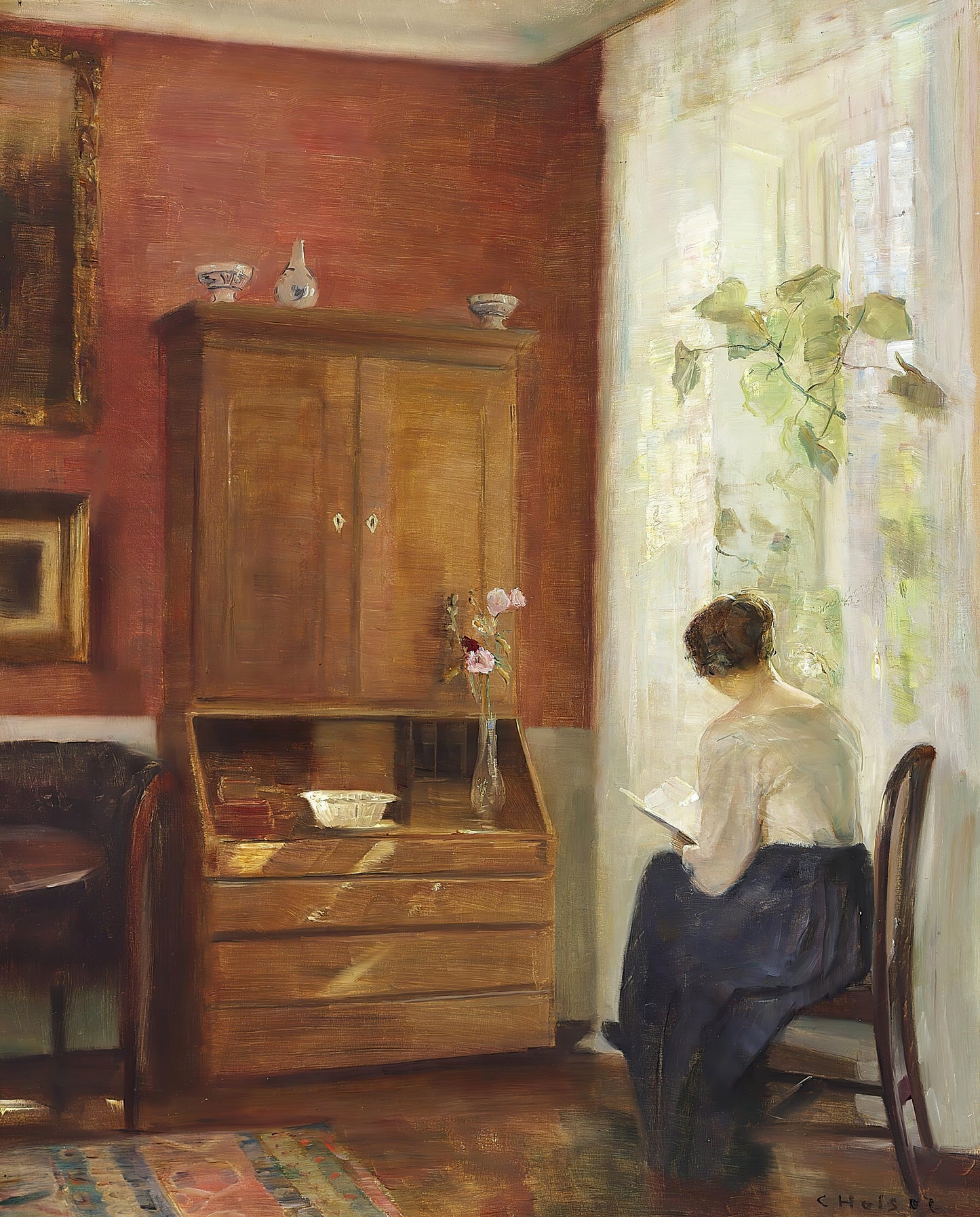 Interior com mulher lendo na janela - Carl Holsøe