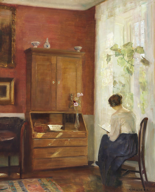 Interior com mulher lendo na janela - Carl Holsøe