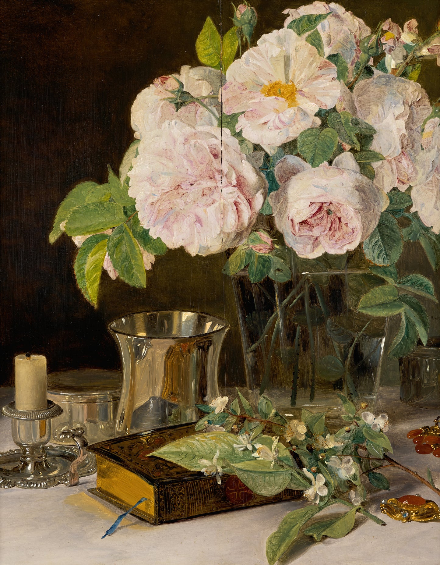 Natureza morta com rosas, castiçal e taça de prata - Ferdinand Georg Waldmüller