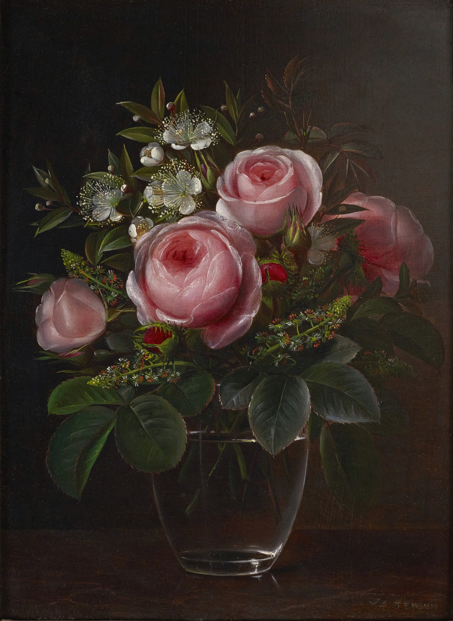 Rosas e anêmonas em um vaso de vidro - Johan Laurentz Jensen