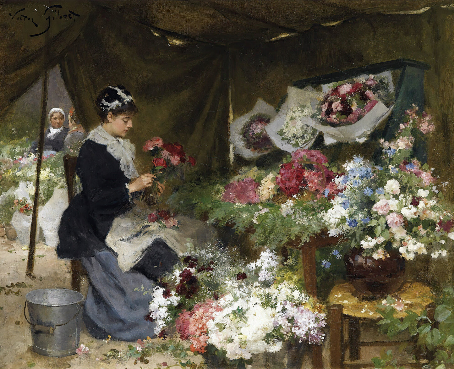 Uma vendedora de flores fazendo seus buquês - Victor Gabriel Gilbert